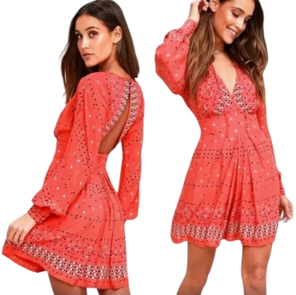 Free People Coryn Coral Orange Print Long Sleeve Mini Dress Size 10